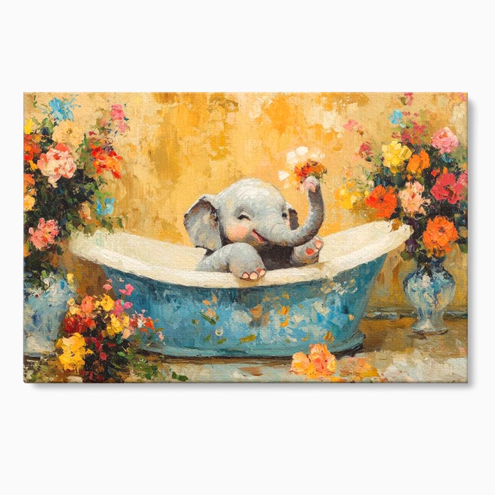 Tablou canvas cu tablou canvas cu pui de elefant in cada, fara rama, pe sasiu de lemn